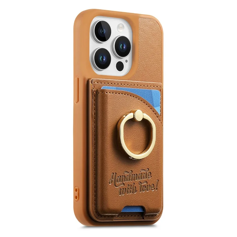 iPhone 15 Pro Hülle mit Kartenfach, Rhinestone-Ringhalter, Ständer und Lederrückseite - Braun