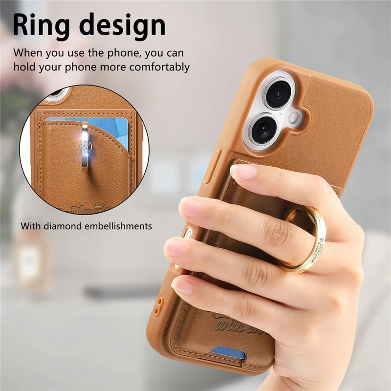 For iPhone 16 Case Card Holder Rhinestone Ring Holder Kickstand Leather Back Phone Cover - Brown