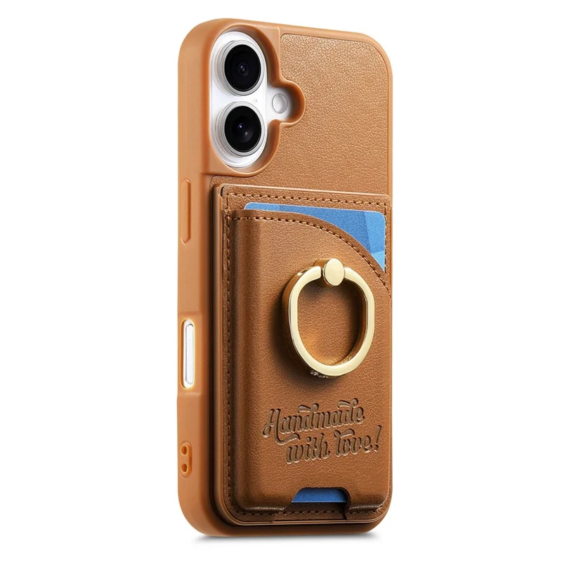 For iPhone 16 Case Card Holder Rhinestone Ring Holder Kickstand Leather Back Phone Cover - Brown