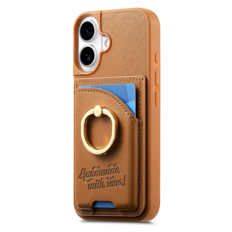 For iPhone 16 Case Card Holder Rhinestone Ring Holder Kickstand Leather Back Phone Cover - Brown