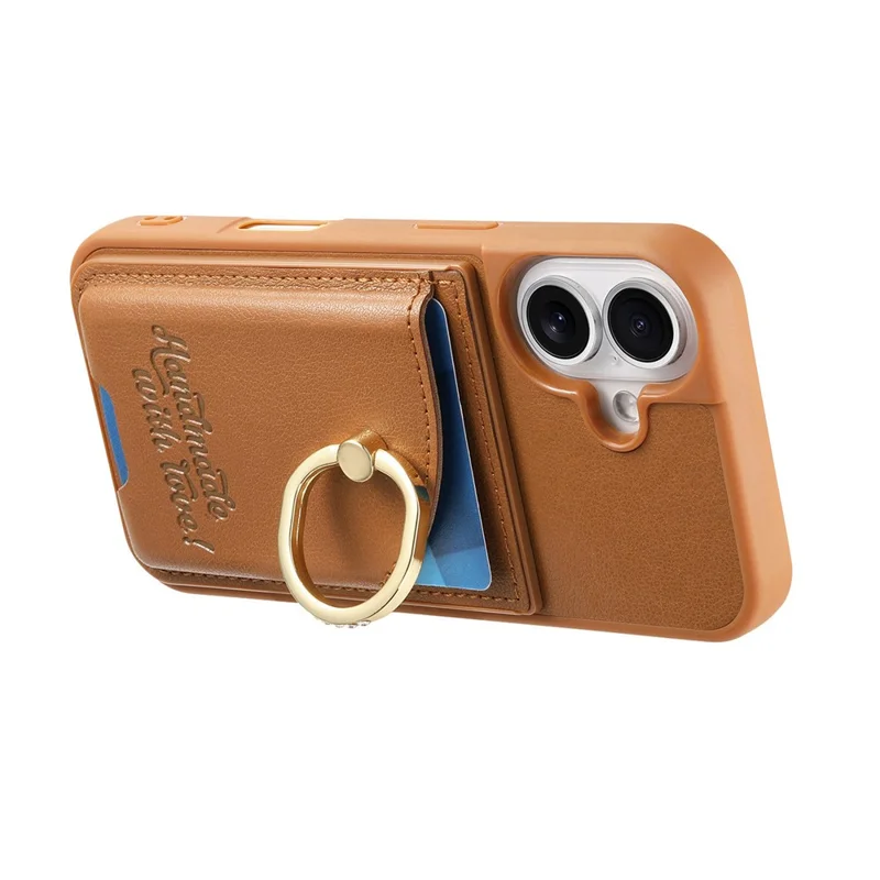 For iPhone 16 Case Card Holder Rhinestone Ring Holder Kickstand Leather Back Phone Cover - Brown