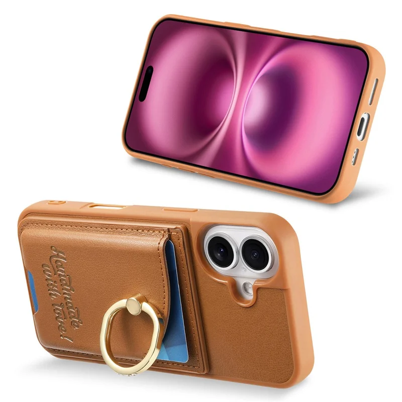 For iPhone 16 Case Card Holder Rhinestone Ring Holder Kickstand Leather Back Phone Cover - Brown