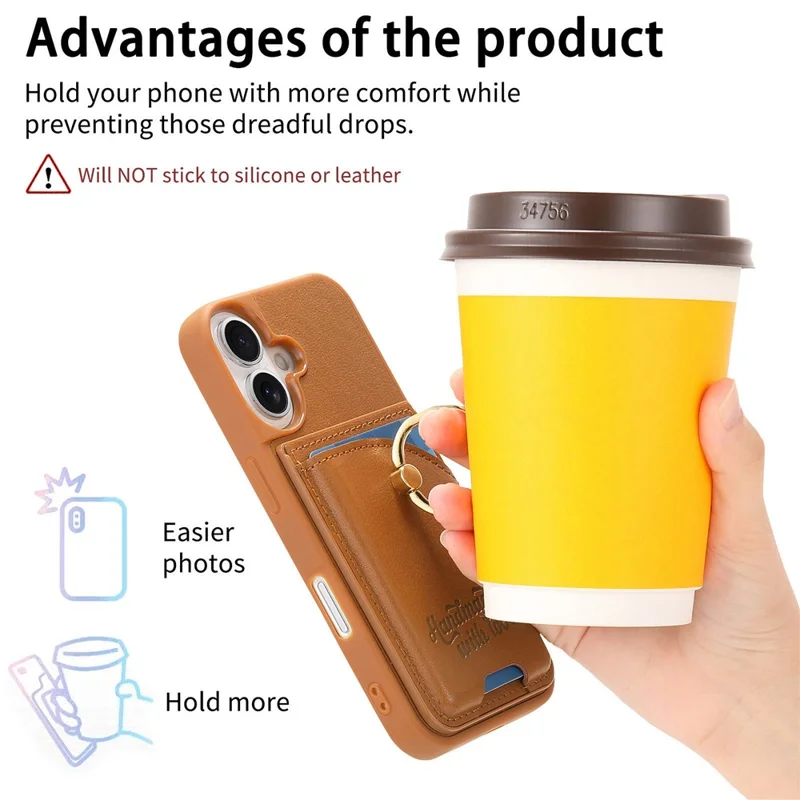 For iPhone 16 Case Card Holder Rhinestone Ring Holder Kickstand Leather Back Phone Cover - Brown