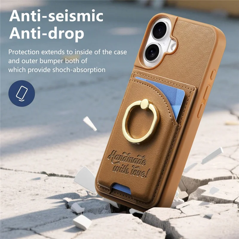 For iPhone 16 Case Card Holder Rhinestone Ring Holder Kickstand Leather Back Phone Cover - Brown