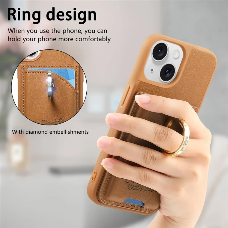 For iPhone 15 Case Card Holder Rhinestone Ring Holder Kickstand Leather Back Phone Cover - Brown