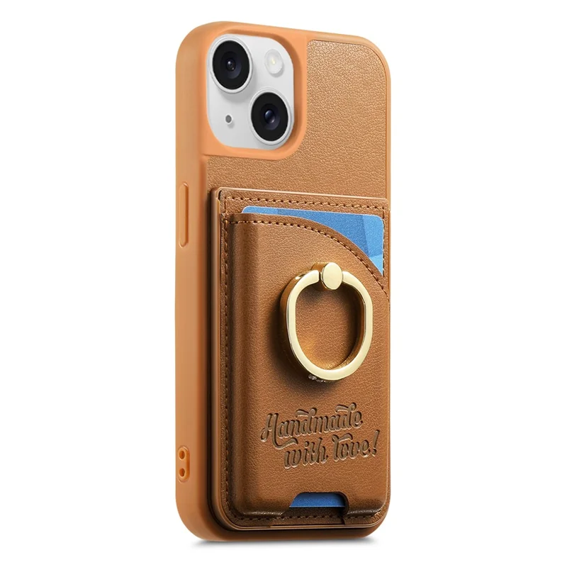 For iPhone 15 Case Card Holder Rhinestone Ring Holder Kickstand Leather Back Phone Cover - Brown