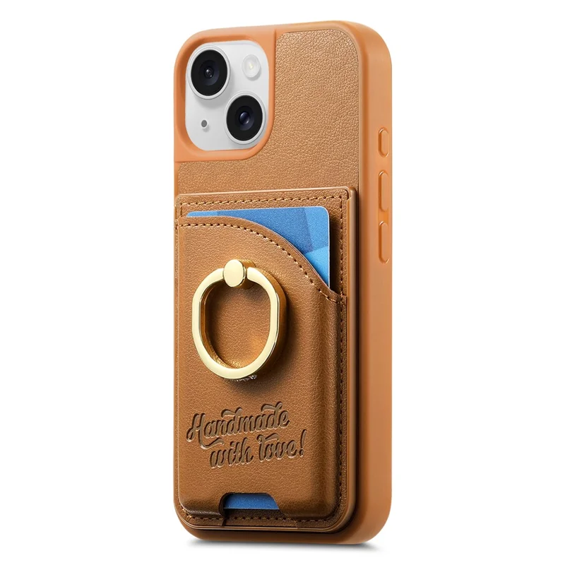 For iPhone 15 Case Card Holder Rhinestone Ring Holder Kickstand Leather Back Phone Cover - Brown