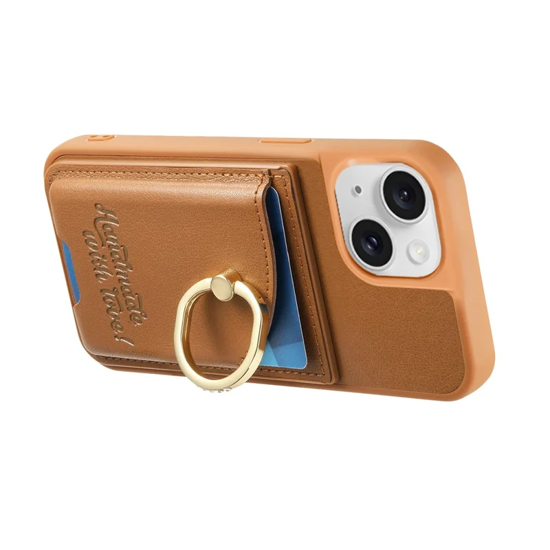 For iPhone 15 Case Card Holder Rhinestone Ring Holder Kickstand Leather Back Phone Cover - Brown