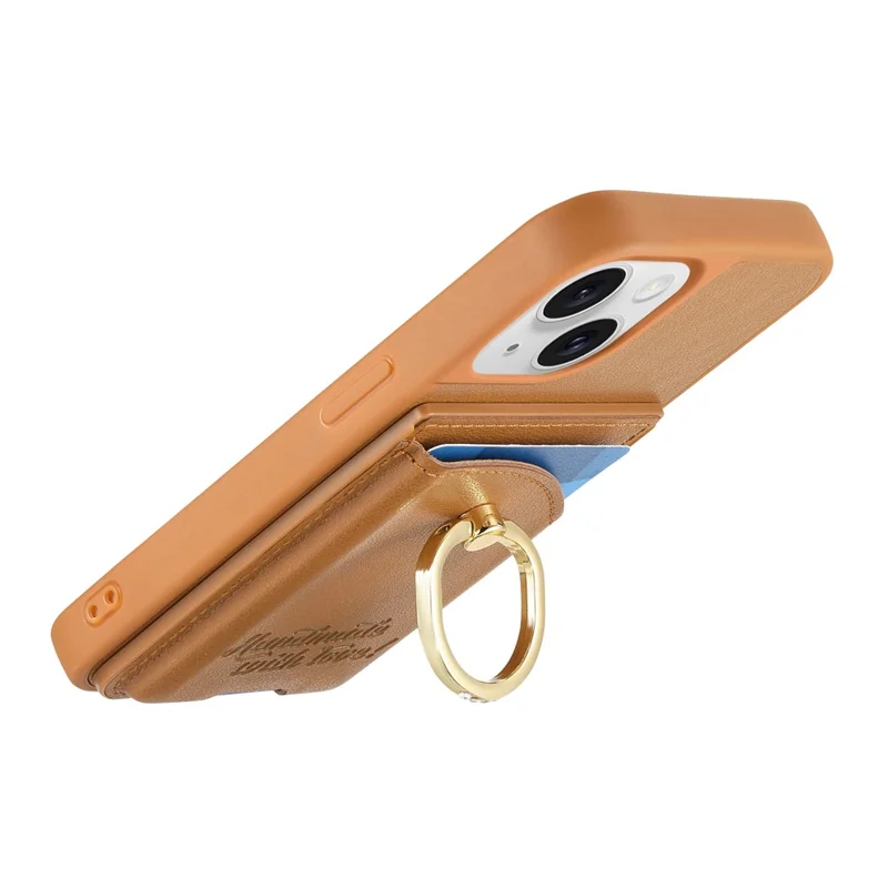 For iPhone 15 Case Card Holder Rhinestone Ring Holder Kickstand Leather Back Phone Cover - Brown