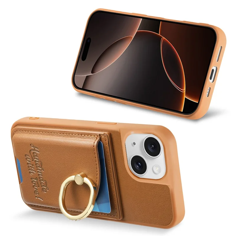 For iPhone 15 Case Card Holder Rhinestone Ring Holder Kickstand Leather Back Phone Cover - Brown