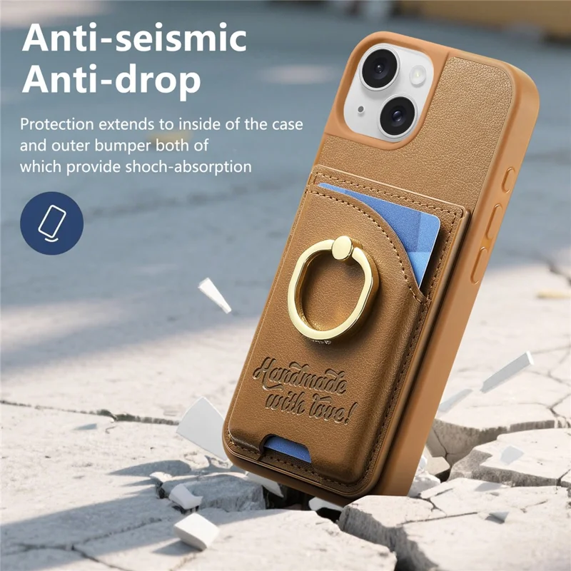 For iPhone 15 Case Card Holder Rhinestone Ring Holder Kickstand Leather Back Phone Cover - Brown