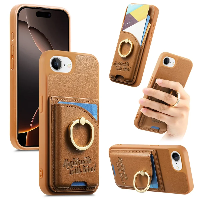 For iPhone 16e Case Card Holder Rhinestone Ring Holder Kickstand Leather Back Phone Cover - Brown