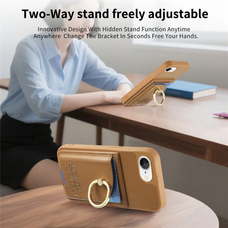 For iPhone 16e Case Card Holder Rhinestone Ring Holder Kickstand Leather Back Phone Cover - Brown