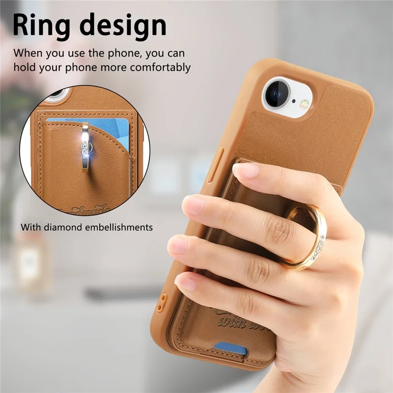 For iPhone 16e Case Card Holder Rhinestone Ring Holder Kickstand Leather Back Phone Cover - Brown