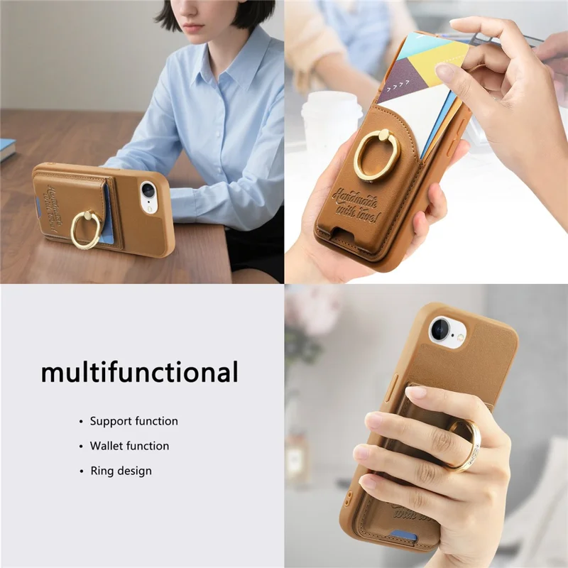 For iPhone 16e Case Card Holder Rhinestone Ring Holder Kickstand Leather Back Phone Cover - Brown