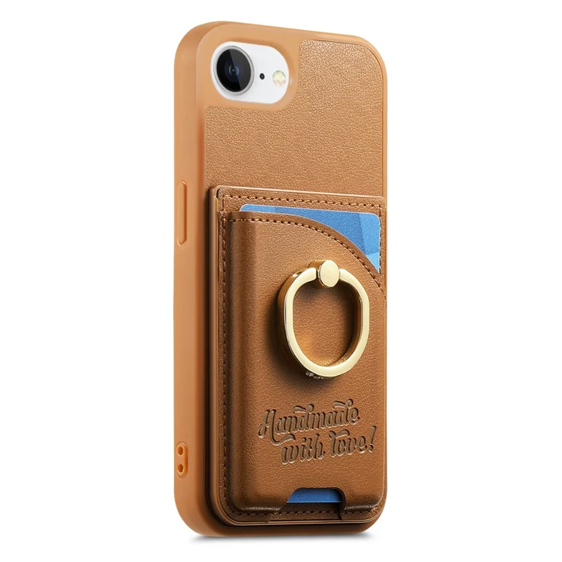For iPhone 16e Case Card Holder Rhinestone Ring Holder Kickstand Leather Back Phone Cover - Brown