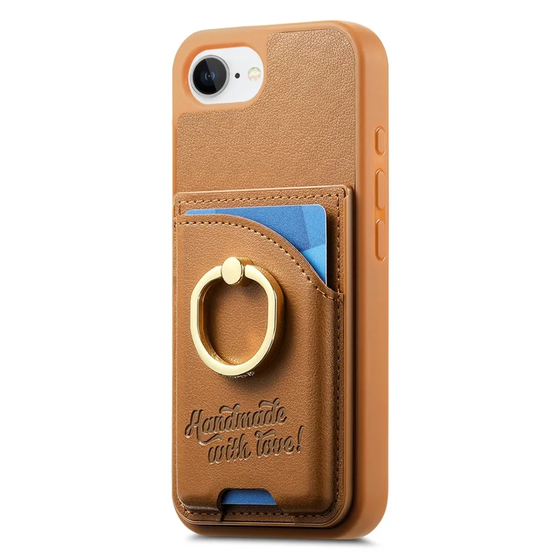 For iPhone 16e Case Card Holder Rhinestone Ring Holder Kickstand Leather Back Phone Cover - Brown