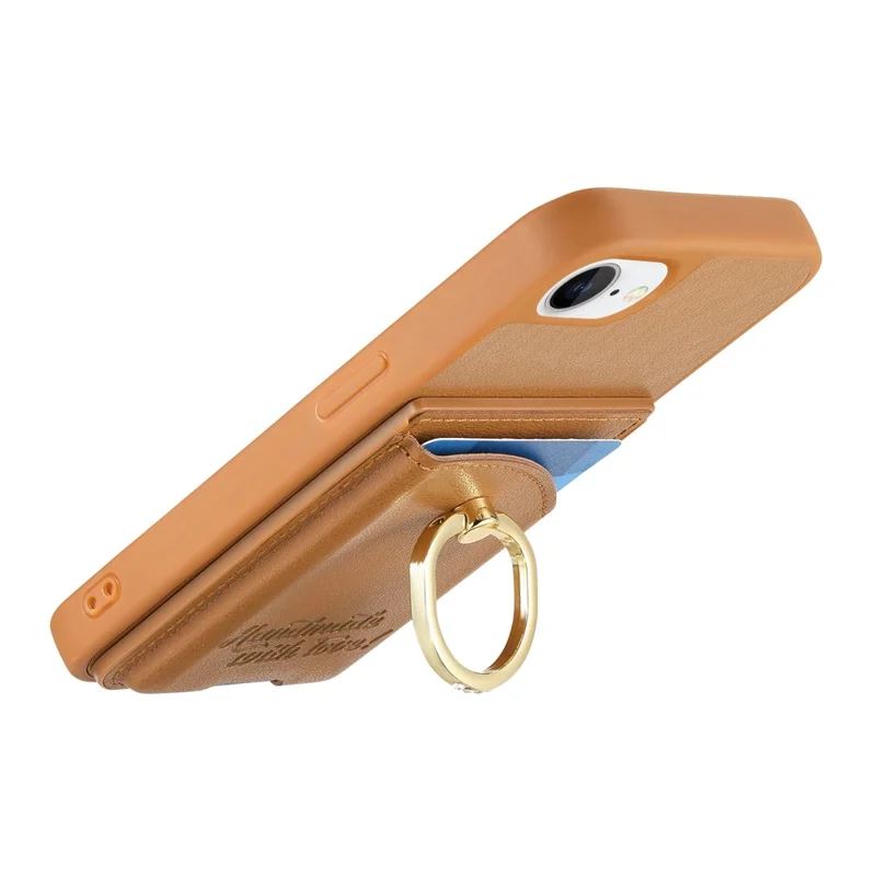 For iPhone 16e Case Card Holder Rhinestone Ring Holder Kickstand Leather Back Phone Cover - Brown