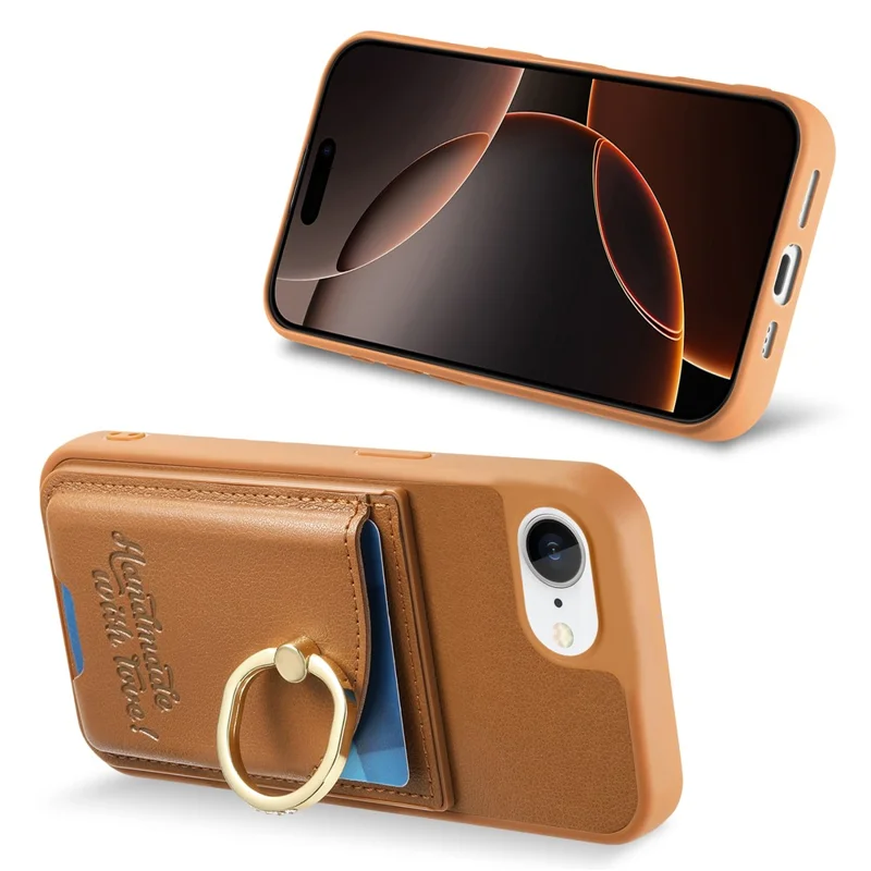 For iPhone 16e Case Card Holder Rhinestone Ring Holder Kickstand Leather Back Phone Cover - Brown