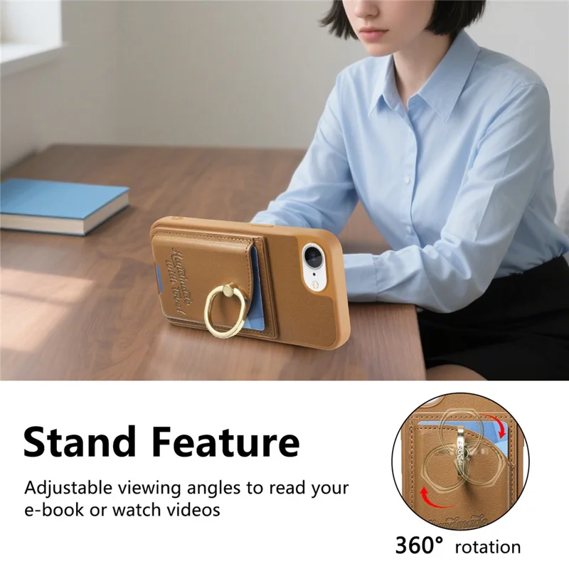 For iPhone 16e Case Card Holder Rhinestone Ring Holder Kickstand Leather Back Phone Cover - Brown