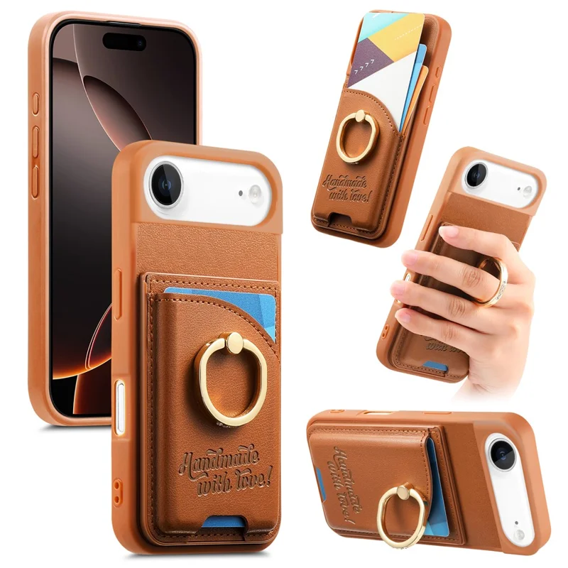 For iPhone Air Case Card Holder Rhinestone Ring Holder Kickstand Leather Back Phone Cover - Brown