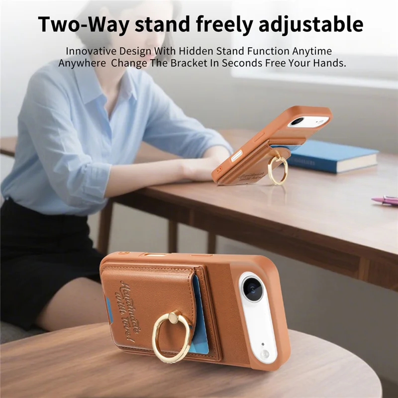 For iPhone Air Case Card Holder Rhinestone Ring Holder Kickstand Leather Back Phone Cover - Brown