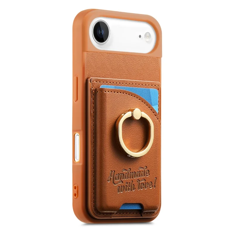 For iPhone Air Case Card Holder Rhinestone Ring Holder Kickstand Leather Back Phone Cover - Brown