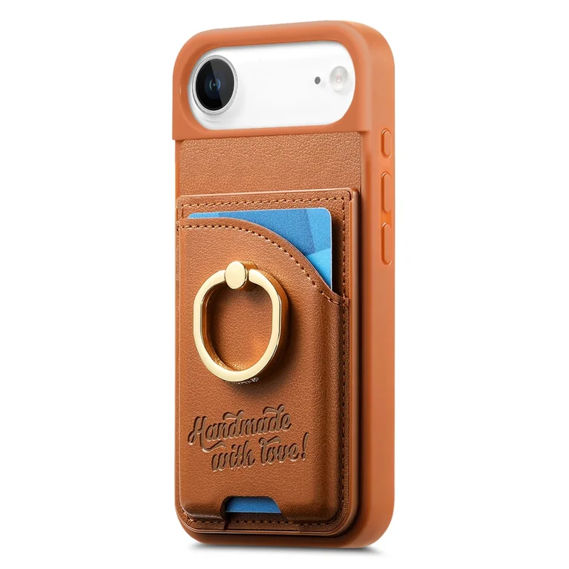 For iPhone Air Case Card Holder Rhinestone Ring Holder Kickstand Leather Back Phone Cover - Brown