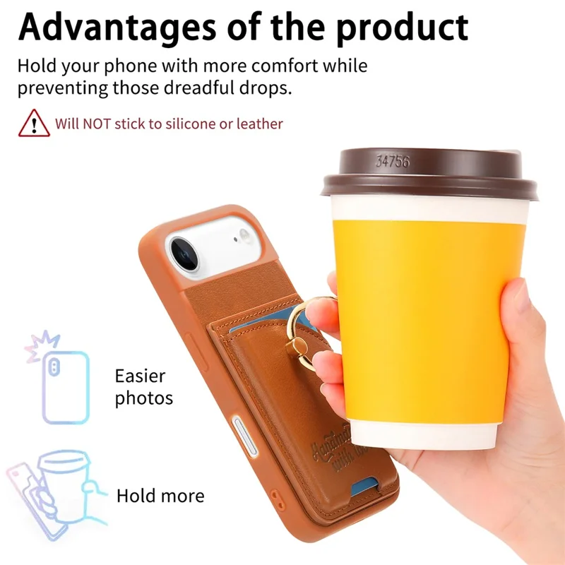 For iPhone Air Case Card Holder Rhinestone Ring Holder Kickstand Leather Back Phone Cover - Brown