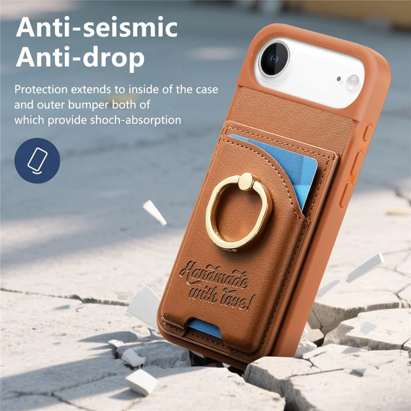 For iPhone Air Case Card Holder Rhinestone Ring Holder Kickstand Leather Back Phone Cover - Brown