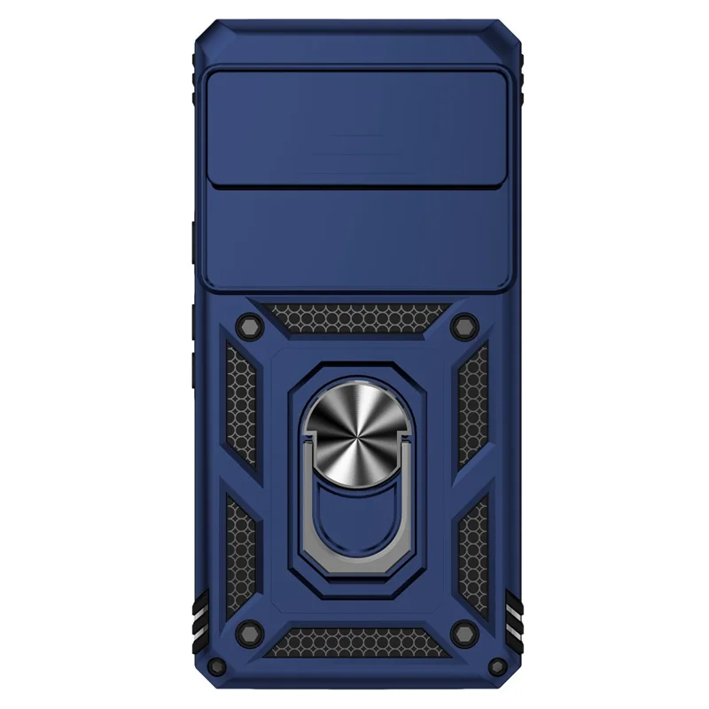 For Google Pixel 7 5G Drop-proof Protective Cover Metal Ring Kickstand PC + TPU Phone Back Case with Slide Camera Protector - Blue