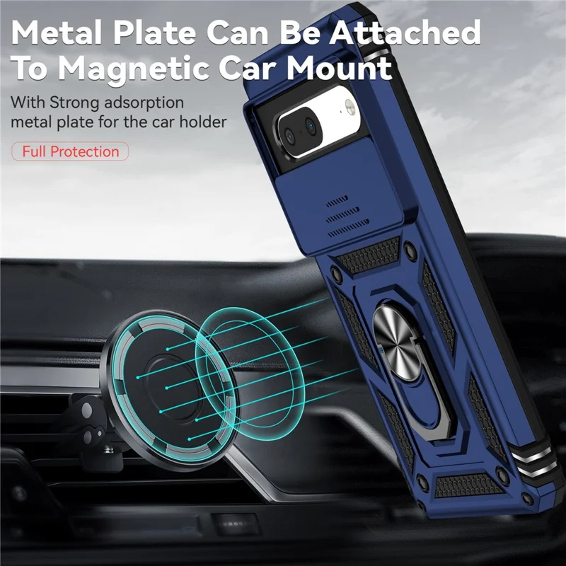 For Google Pixel 7 5G Drop-proof Protective Cover Metal Ring Kickstand PC + TPU Phone Back Case with Slide Camera Protector - Blue