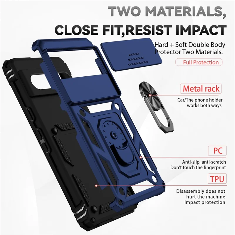 For Google Pixel 7 5G Drop-proof Protective Cover Metal Ring Kickstand PC + TPU Phone Back Case with Slide Camera Protector - Blue