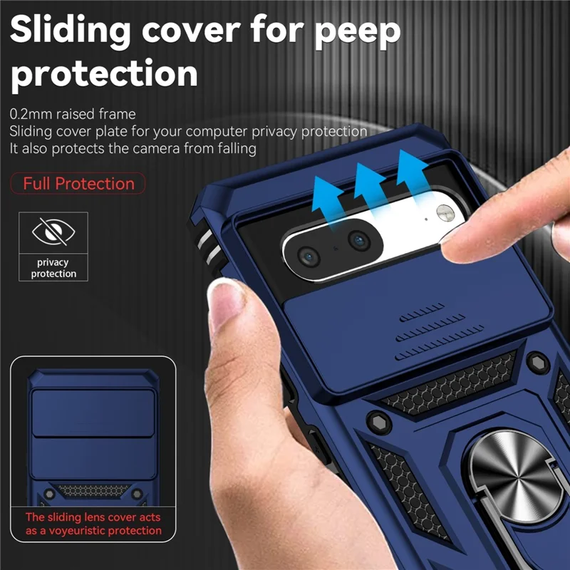 For Google Pixel 7 5G Drop-proof Protective Cover Metal Ring Kickstand PC + TPU Phone Back Case with Slide Camera Protector - Blue