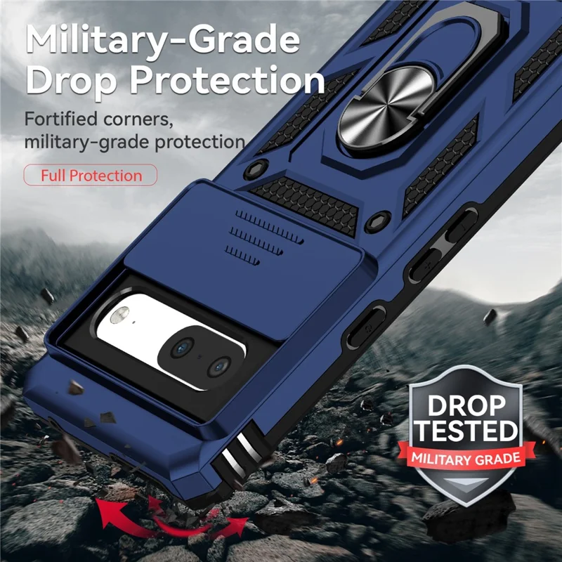 For Google Pixel 7 5G Drop-proof Protective Cover Metal Ring Kickstand PC + TPU Phone Back Case with Slide Camera Protector - Blue