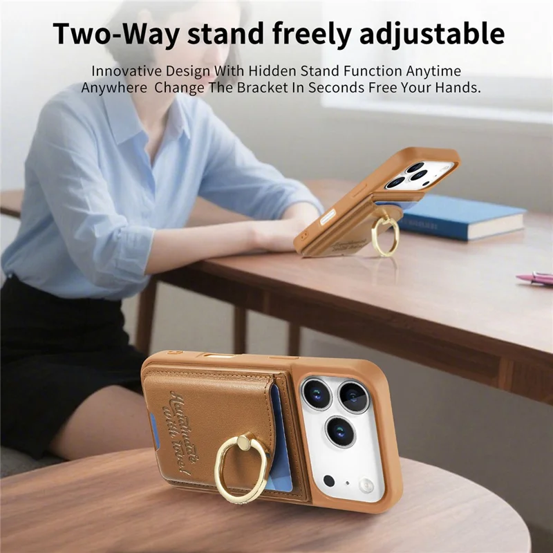 For iPhone 17 Pro Case Card Holder Rhinestone Ring Holder Kickstand Leather Back Phone Cover - Brown