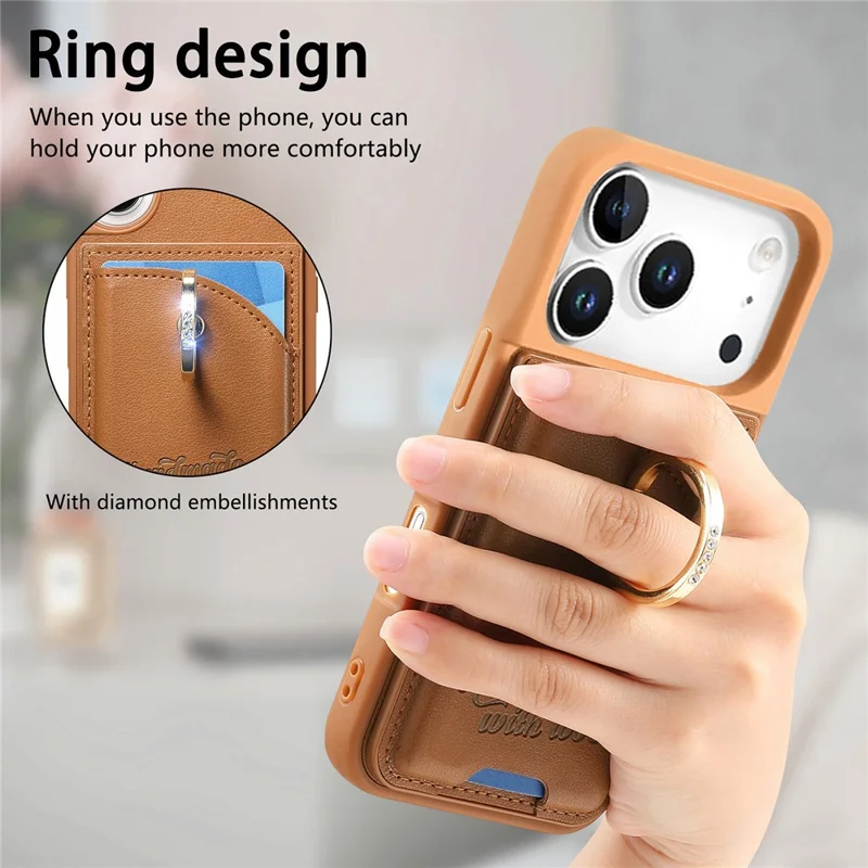 For iPhone 17 Pro Case Card Holder Rhinestone Ring Holder Kickstand Leather Back Phone Cover - Brown