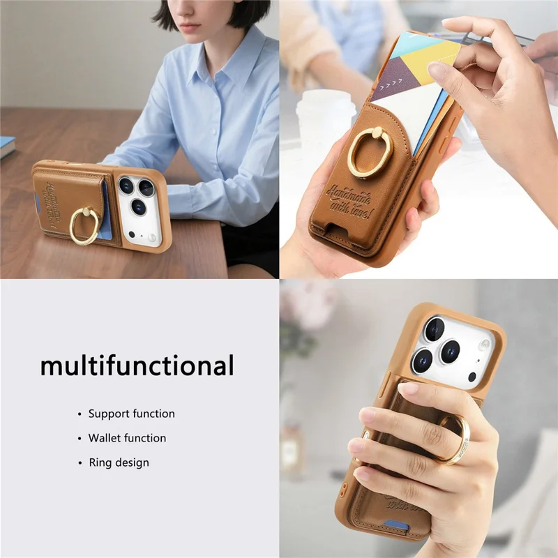 For iPhone 17 Pro Case Card Holder Rhinestone Ring Holder Kickstand Leather Back Phone Cover - Brown