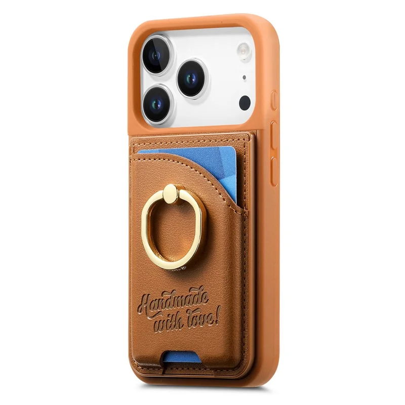 For iPhone 17 Pro Case Card Holder Rhinestone Ring Holder Kickstand Leather Back Phone Cover - Brown