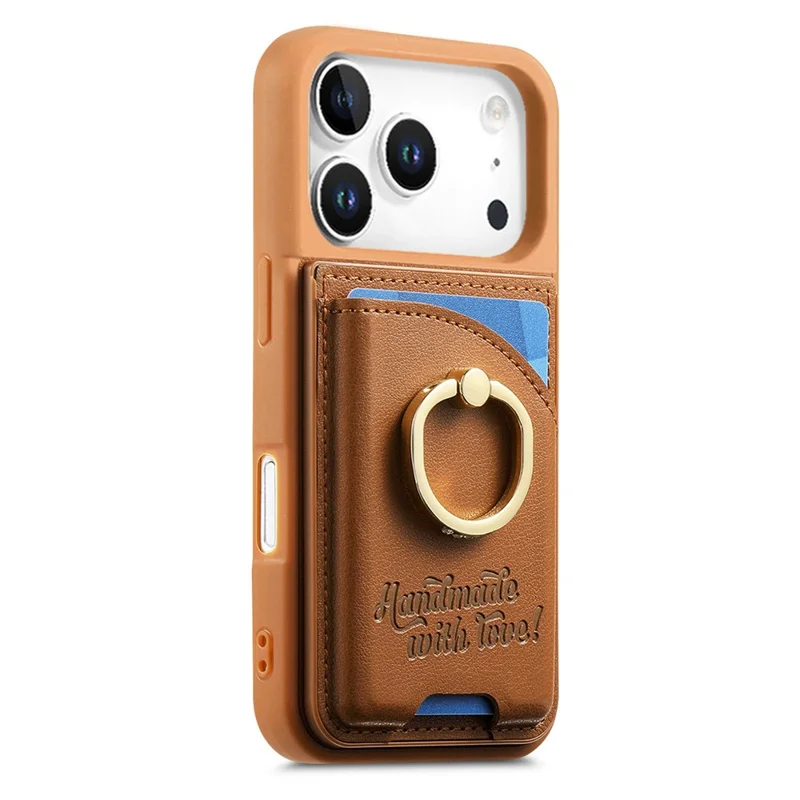 For iPhone 17 Pro Case Card Holder Rhinestone Ring Holder Kickstand Leather Back Phone Cover - Brown