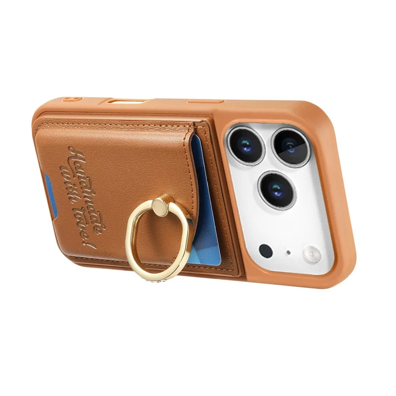 For iPhone 17 Pro Case Card Holder Rhinestone Ring Holder Kickstand Leather Back Phone Cover - Brown