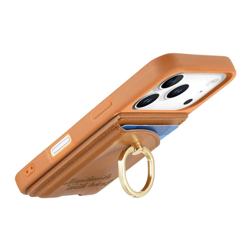 For iPhone 17 Pro Case Card Holder Rhinestone Ring Holder Kickstand Leather Back Phone Cover - Brown