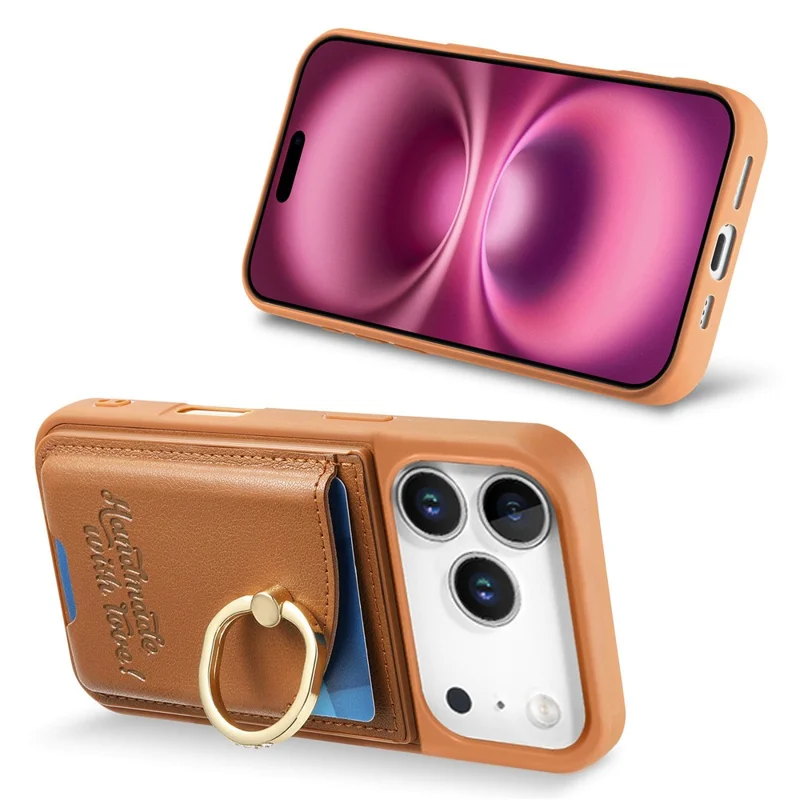 For iPhone 17 Pro Case Card Holder Rhinestone Ring Holder Kickstand Leather Back Phone Cover - Brown