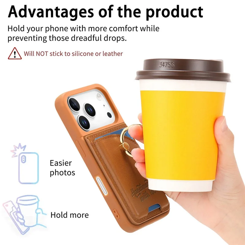 For iPhone 17 Pro Case Card Holder Rhinestone Ring Holder Kickstand Leather Back Phone Cover - Brown