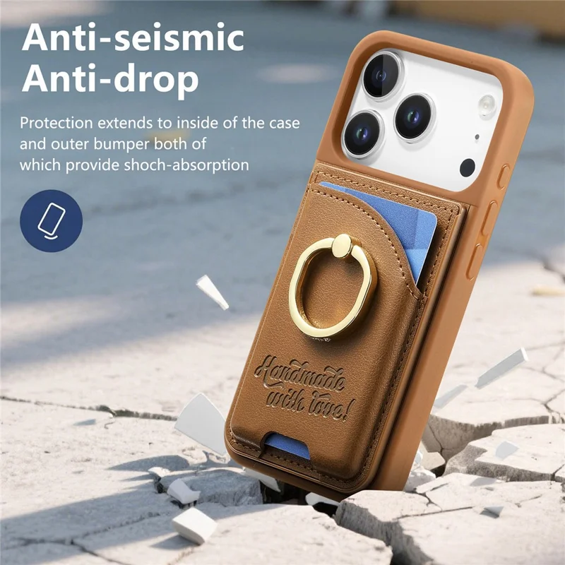 For iPhone 17 Pro Case Card Holder Rhinestone Ring Holder Kickstand Leather Back Phone Cover - Brown