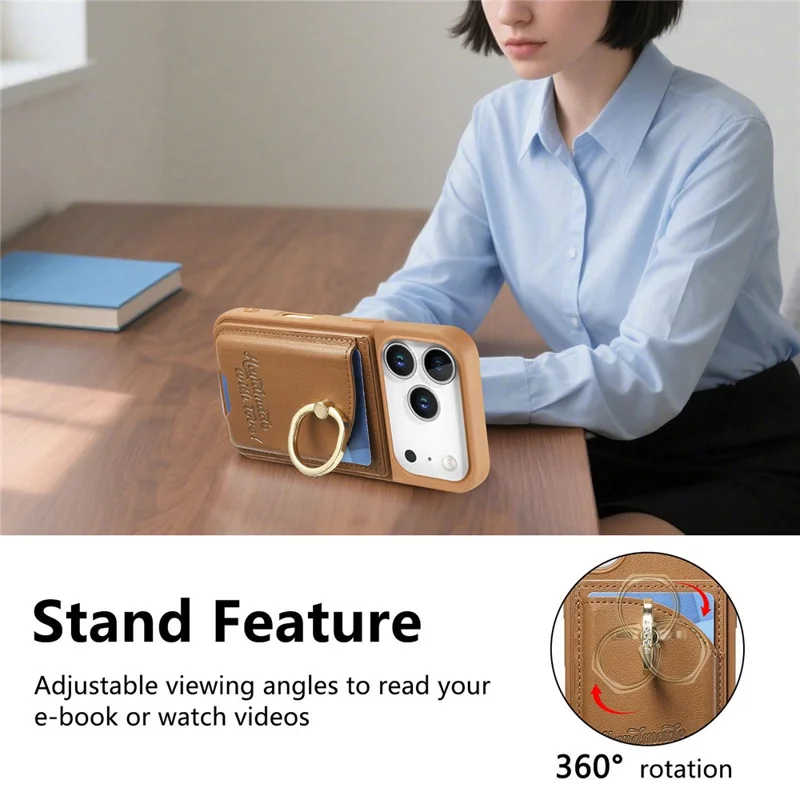 For iPhone 17 Pro Case Card Holder Rhinestone Ring Holder Kickstand Leather Back Phone Cover - Brown