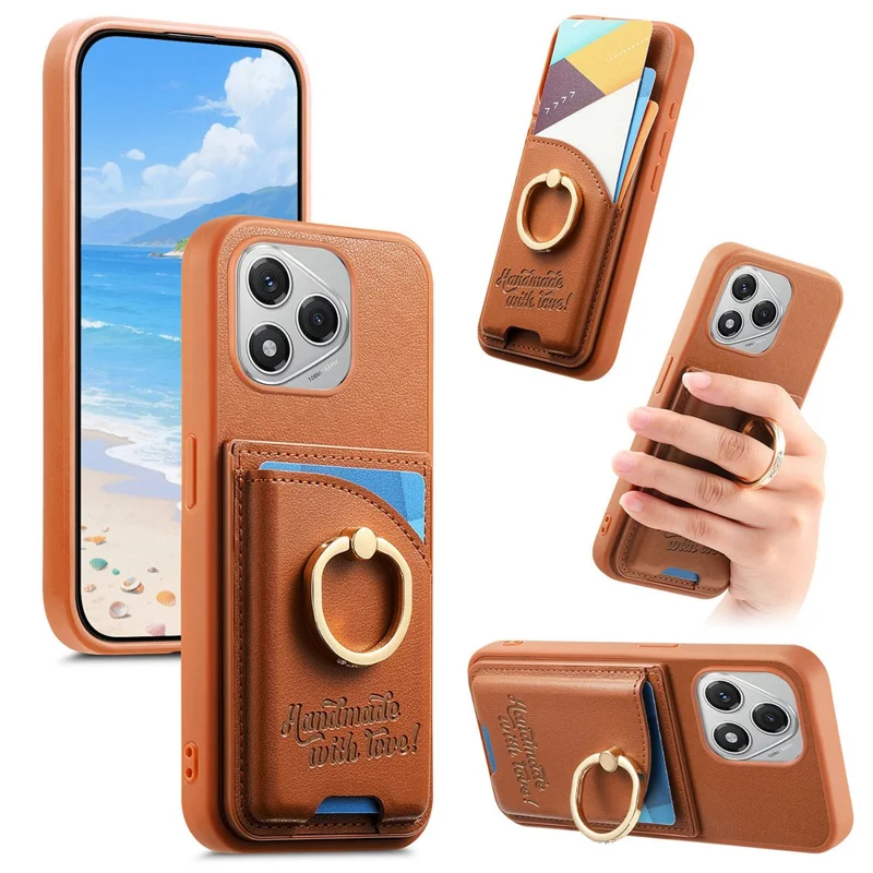 For Honor 400 Lite 5G Case Card Holder Rhinestone Ring Holder Kickstand Leather Back Phone Cover - Brown