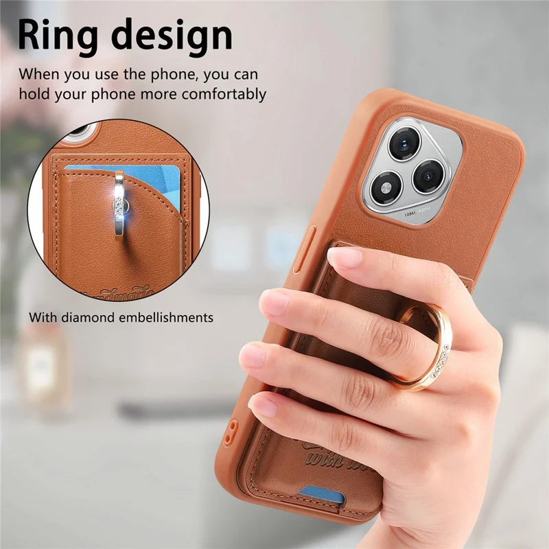 For Honor 400 Lite 5G Case Card Holder Rhinestone Ring Holder Kickstand Leather Back Phone Cover - Brown
