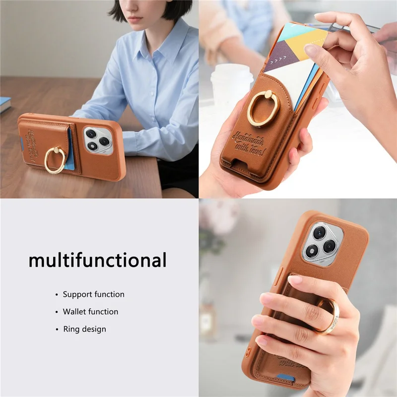 For Honor 400 Lite 5G Case Card Holder Rhinestone Ring Holder Kickstand Leather Back Phone Cover - Brown