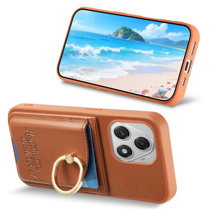 For Honor 400 Lite 5G Case Card Holder Rhinestone Ring Holder Kickstand Leather Back Phone Cover - Brown